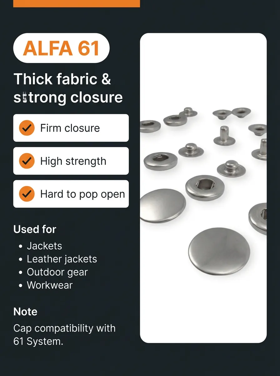 61 system / Alfa 61 snap: strong, hard closing snap for thick fabrics